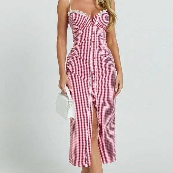 Showpo Red and White Gingham Midi Dress - Picture 2 of 4